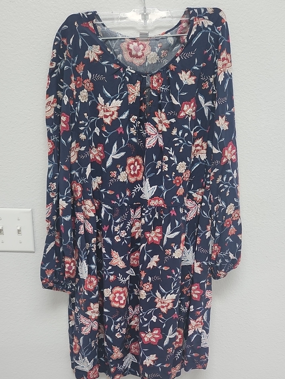 Old Navy Navy Floral Long-Sleeve Tiered Dress with Red & Cream Accents